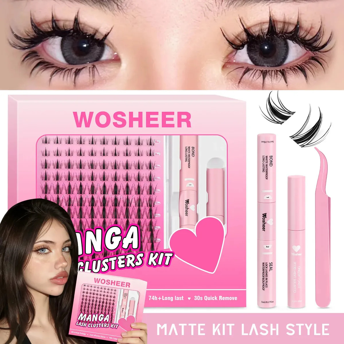 Wosheer pestañas de estilo hada kit de extensiones de pestañas raíces invisibles adhesivo con sellador con removedor 8-18mm longitudes mixtas 120pcs kit pestañas(MATTE)