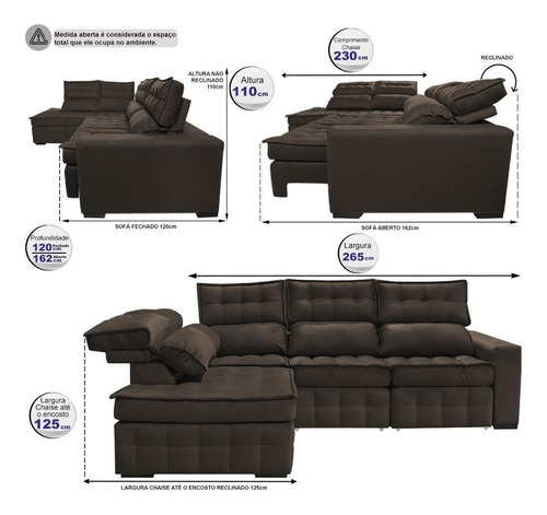 Sofá de Canto Esquerdo 2,65x2,30m Retrátil e Reclinável com Molas Ensacadas Cama inBox Nobre Café