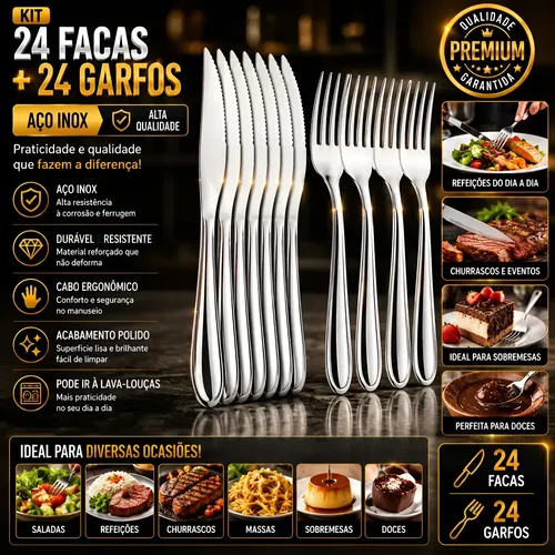 Kit 48 Garfo ​E Faca Em Inox Talheres De Mesa Buffet Cozinha