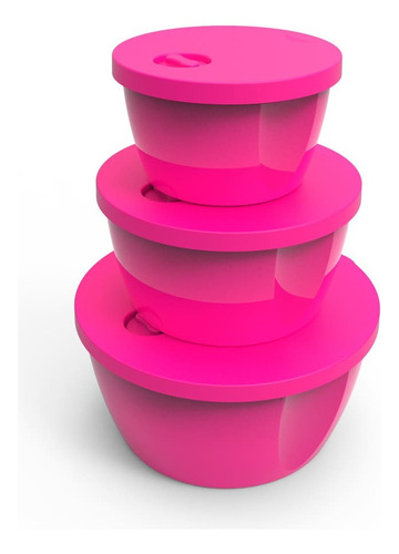 Conjunto 3 Potes Para Alimentos Com Válvula Rosa Neon Sólido Cor Rosa-neon