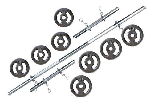 Imagem 1 de 3 de Kit Halteres + Anilhas 20kg Com 2 Barras De 40cm Cromadas