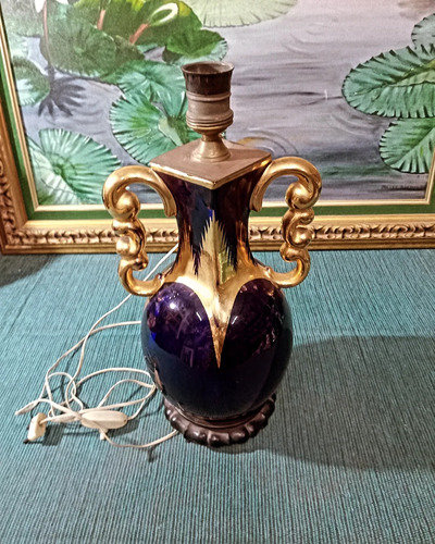 Antigua Lámpara Ánfora En Porcelana Azul Cobalto (Usado)