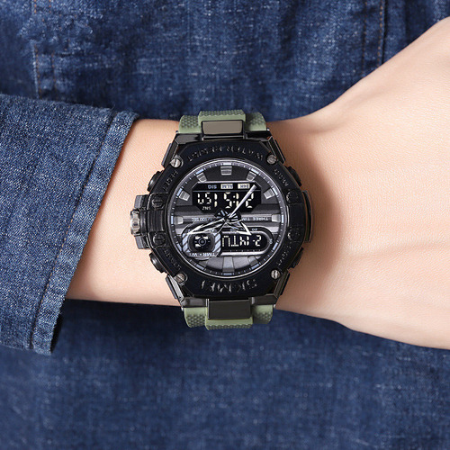Reloj analógico digital deportivo para hombre, esfera grande, doble pantalla, resistente al agua, calendario, alarma y cronómetro