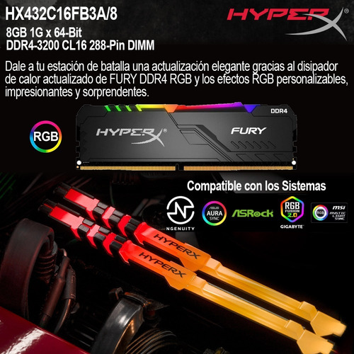 Memoria Ram 8gb 1x8 Rgb Kingston Hyperx Fury Ddr4 3200mz
