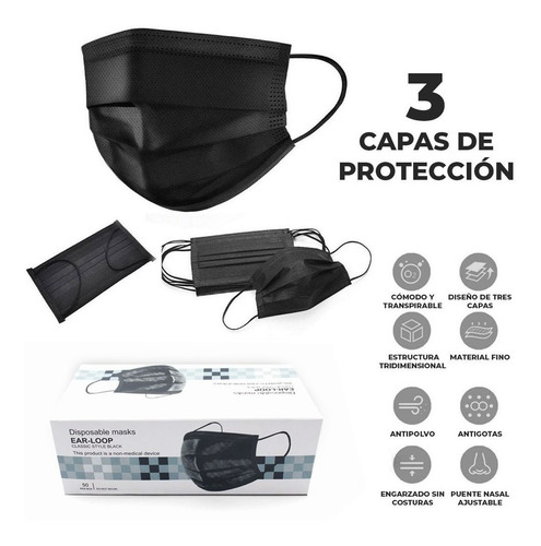 Cubrebocas Negro 300 Pz Tapabocas Color Tricapa Termosellado