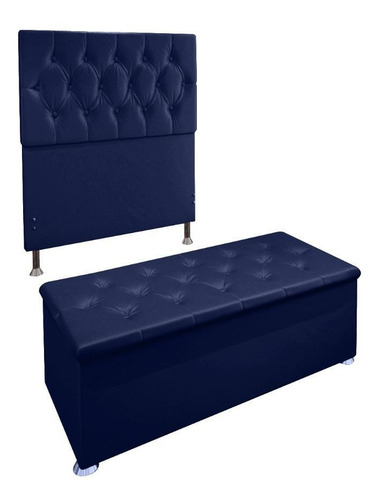 Kit Cabeceira Calçadeira Baú Solt. 90cm Madrid Azul Marinho