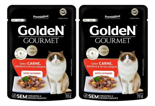 Kit 2un Sachê Gatos Castrados Sabor Carne 70g Golden Gourmet