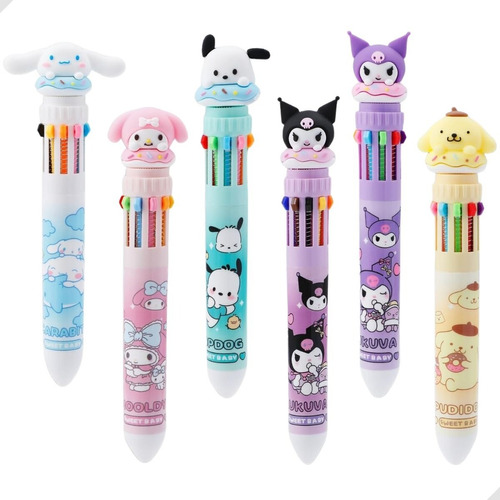 Juego de 6 bolígrafos multicolores Sanrio de Hello Kitty and My Melody, colores de tinta multicolor, colores exteriores variados