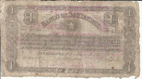 Imagen 1 de 2 de Colombia 1 Peso 1 Junio 1873 Banco De Santander