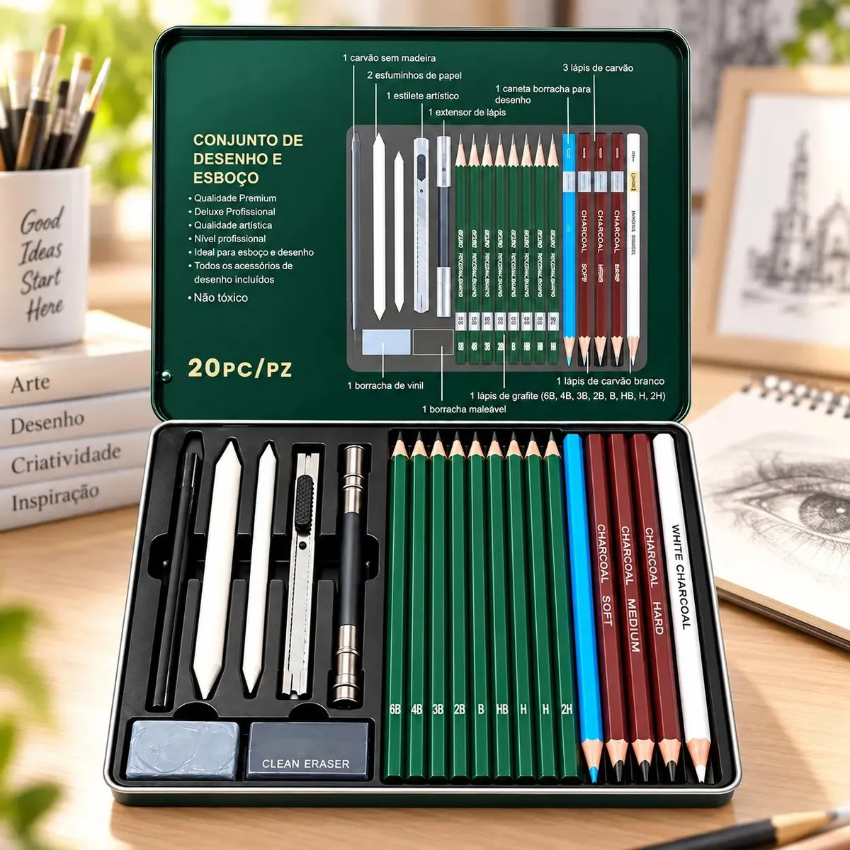 Kit Lápis de Desenho Profissional 20 Peças com Estojo Portátil, Lápis Artísticos, Borrachas e Acessórios para Artistas e Estudantes Linha Super Premium
