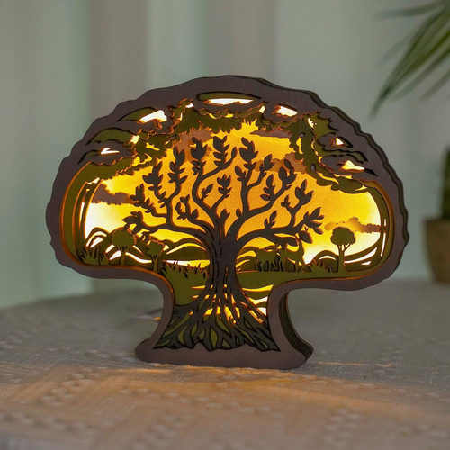 Lámpara De Noche Led Tallada En Madera Árbol De La Vida