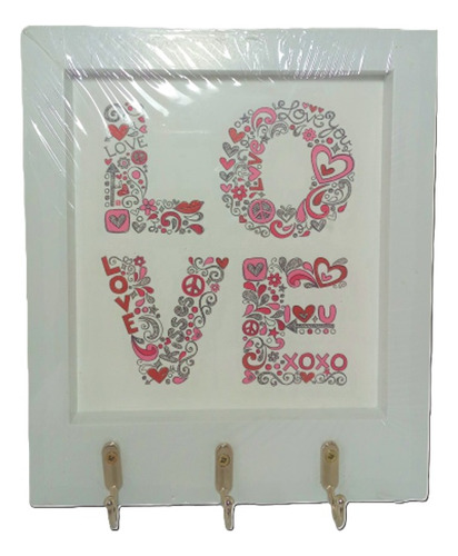 Porta Llaves Madera Cuadro Love Decoración 3 Ganchos