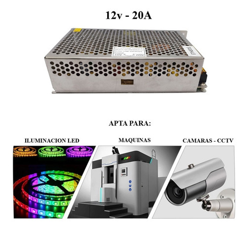 Imagen 3 de 10 de Fuente 12v 20a Switching Transformador 220v Camara Tira Led