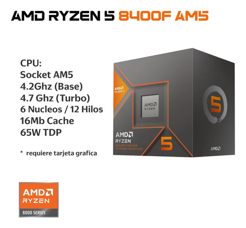 Procesador Ryzen 5 8400f 4.2ghz-4.7ghz Turbo Six Core Am5