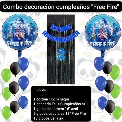 Combo Decoración Cumpleaños Globos Free Fire Cortina 