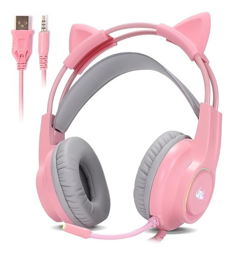 Fone Headset Gamer Led Orelhas Gato Ps4 Xbox Pc Celular Rosa