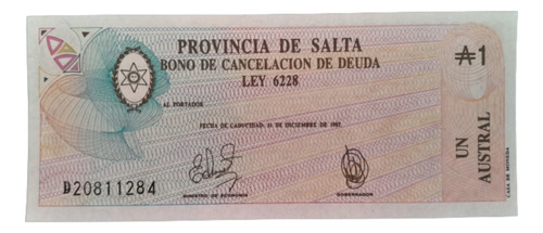 Argentina Salta Bono De Emergencia 1 Austral 1987 Unc
