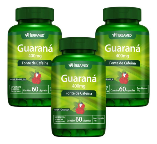 Kit Herbamed Guaraná 3 Potes 60 Cápsulas Cada Sem Sabor
