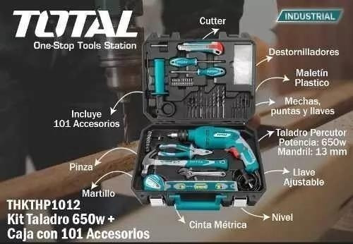 Imagen 2 de 6 de Taladro Percutor 13mm Total 650w + Maletin + Kit 101 Piezas