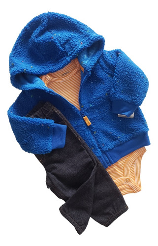 Conjunto Carters Bebe Campera Sherpa Azul Body Pantalon 