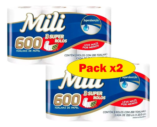 Papel Toalla Cocina Premium X3 200 Hojas Mili Pack X2 Tcs