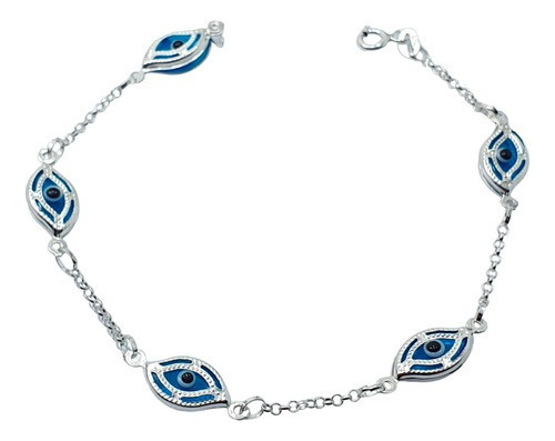 Pulsera Rolo De Plata 925 Con Ojo Turco Celestes Joyas 