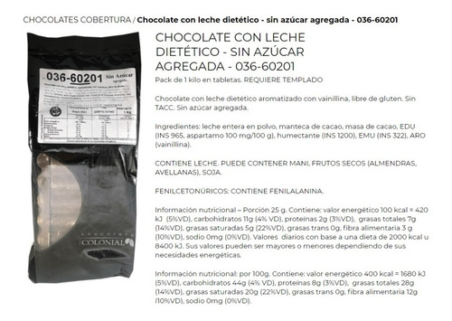 Chocolate Leche Dietético Colonial X 1kg - Mataderos