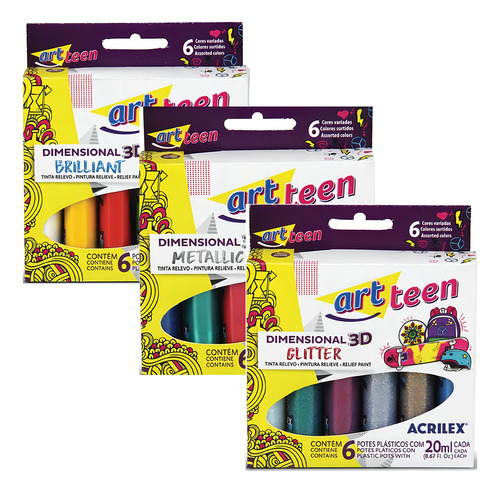 Tinta Dimensional Acrilex 3d Kit 18cores Artesanato Tecido Cor Cores