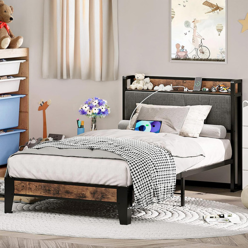 Base Cama Individual Con Cabecera Y Almacenamiento Usb