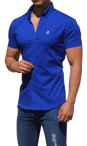 Camisas Azul Manga Corta John Leopard Envio Gratis Slim Fit