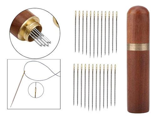6 X 24x Agujas De Enhebrar De Madera Caja De Almacenamiento