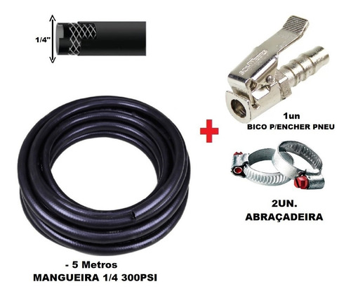 Kit 5 Mt Mangueira Ar Compressor + Bico Encher Pneu Presilha