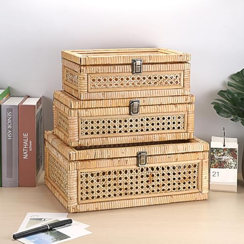 Caja Decorativa De Ratán Hipiwe Con Tapa Transparente Y Cerr