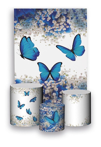 Painel De Festa 1,5x2,2+ Trio De Capa- Borboleta Azul Floral