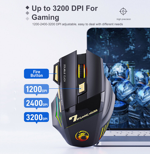 Mouse Gamer 7 Botones Inalámbrico Luz Rgb 3200dpi Recargable