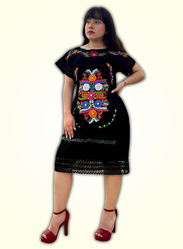 Vestido Artesanal Fresco Bordado Artesanía Mexicana En Manta