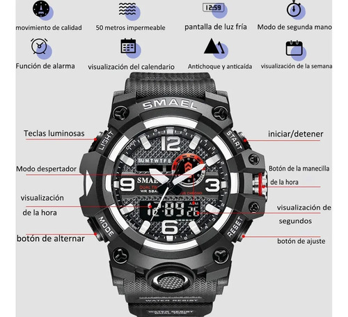 Reloj Smael Moda Hombre Táctico Sumergible Multifunción Negro Amarillo Negro