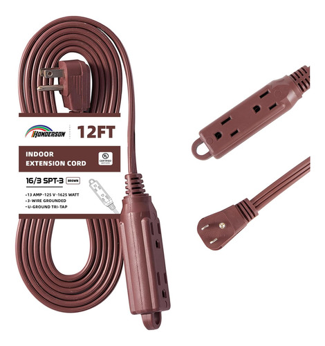 Cable De Extensión Marrón 3 Salidas 12 Pies Enchufe Plano