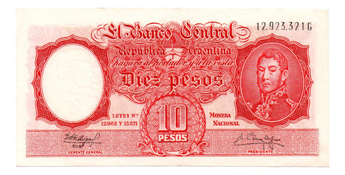 Billete 10 Pesos Moneda Nacional, Bottero 1971, Año 1961 Mb+