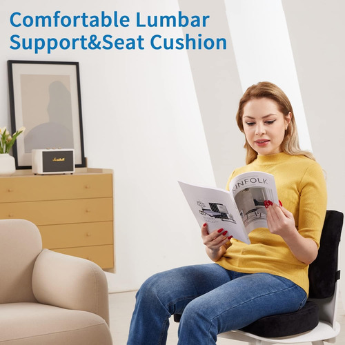 Cojín Lumbar Y Asiento Memory Foam Ergonómico Alivio Negro Liso