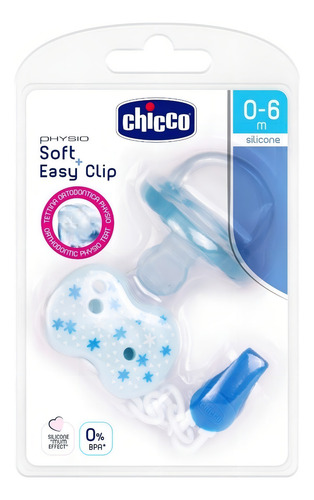 Combo Chicco Blister Chupete + Clip Physio Soft Color Celeste Período De Edad 0-6