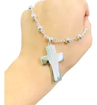 Comprar Pulsera Denario Con Bolitas Dije Cruz Acero Blanco Acp 024