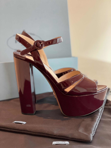 Zapato Sandalia De Tacón Plataforma, Prada Color Vino 40eu