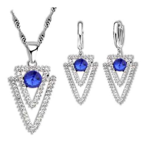 Set Collar Y Aretes Baño Plata 925, Largo Fashion Azul