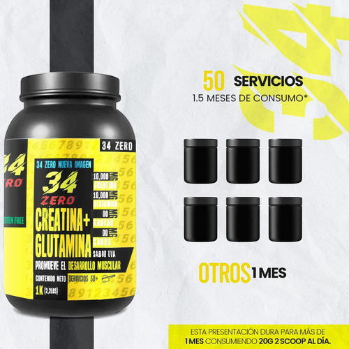 34 Zero Creatina + Glutamina 1 Kg 50 Servicios Uva