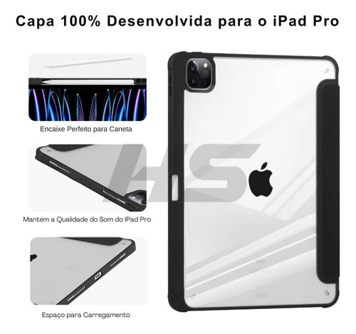 Capa iPad Pro 11 4ª ger M2 2022 3ª ger M1 2021 2ª ger 2020 1ª ger 2018 Fundo Transparente com Suporte Caneta preta