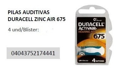 Pilas Auditivas Duracell Zinc Air 675 4 Unidades