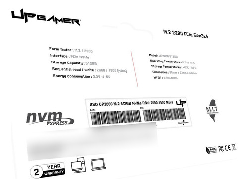 interno UP Gamer SSD M.2 NVMe 2280 PCIe 512GB