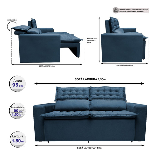 Sofá Retrátil e Reclinável Cama inBox Slim 1,50m Tecido Suede Velusoft Azul