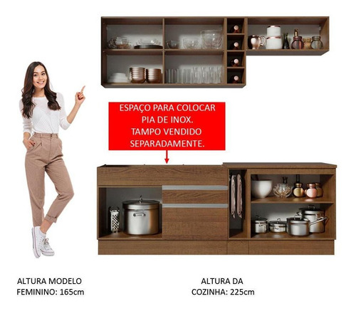 Cozinha Completa Parma Madesa Com Armário Vidro E Balcão Rrb Cor Rustic/Rustic/Branco